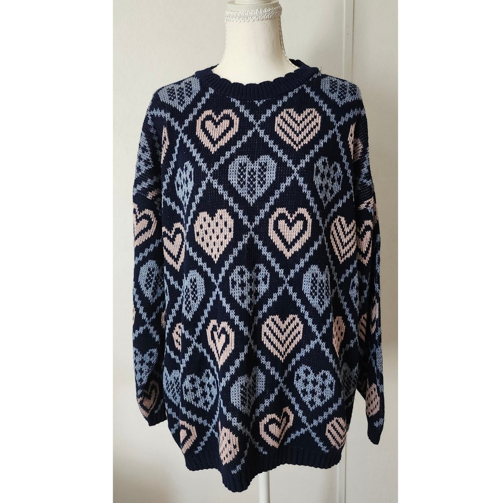 Adele Knitwear Vintage Heart Argyle Sweater Navy Blue Pink Acrylic USA Made